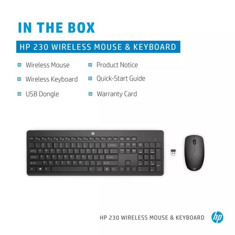 HP 230 Wireless Mouse and Keyboard Combo, Full-size, Wireless, RF Wireless, Membrane, Black, Mouse included