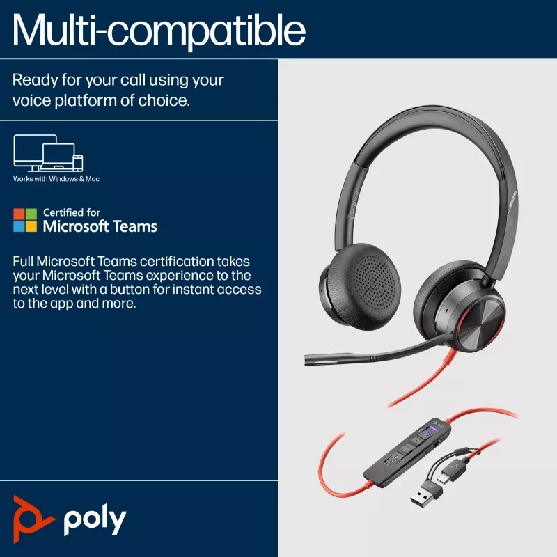 HP Poly Blackwire 8225 USB-C Headset, Wired, Office/Call center, 185 g, Headset, Black