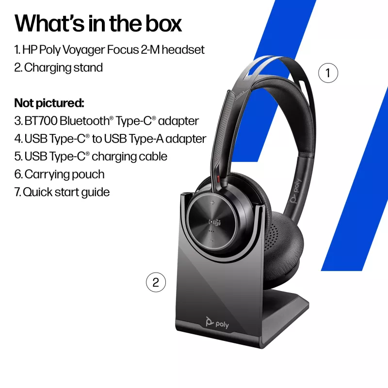 HP Poly Voyager Focus 2-M USB-C-C Headset USB-C/A Adapter Charging Stand Poly+ 3years