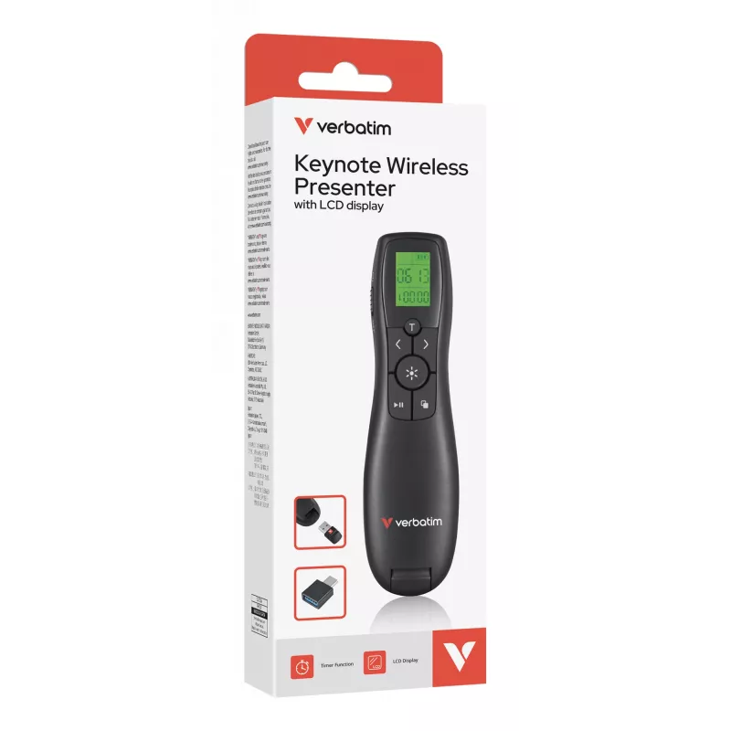 Verbatim Keynote Wireless Presenter with LCD Display, RF, USB, 30 m, Black