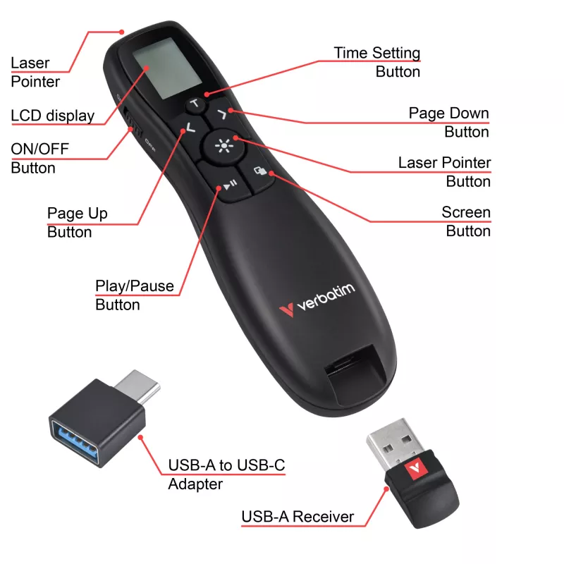 Verbatim Keynote Wireless Presenter with LCD Display, RF, USB, 30 m, Black