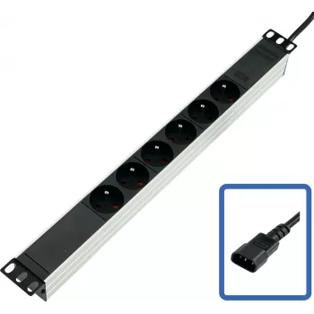19in Power Strip 6-Way CEE7, Connection Cable 2.35m, Black - for Connecting Devices with Standard Earthed Plug to UPS (808892)