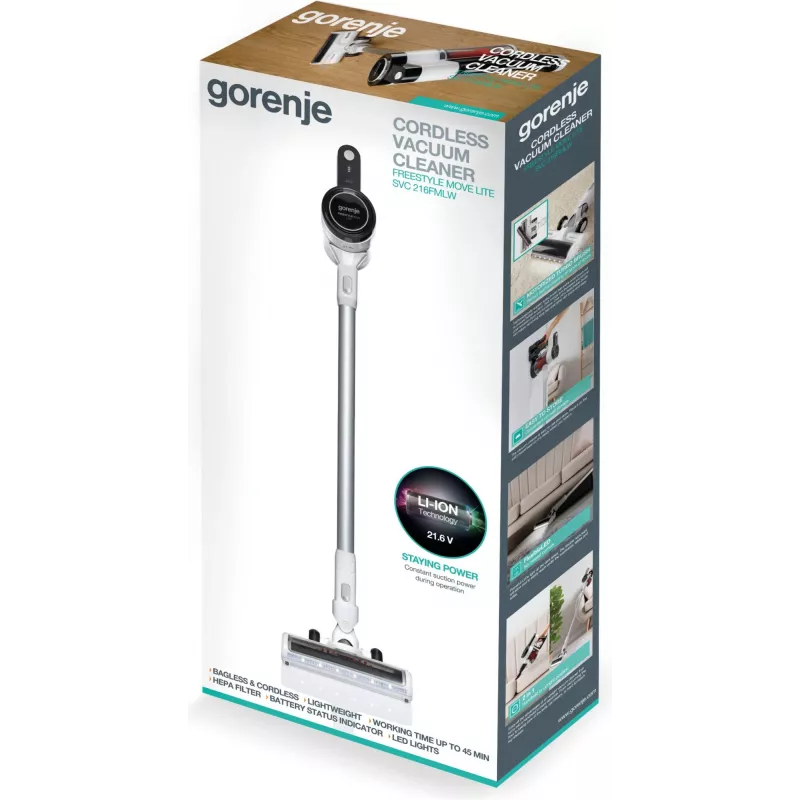 Gorenje SVC216FMLW Stick vacuum Battery Dry HEPA Bagless 0.5 L 135 W Black, White