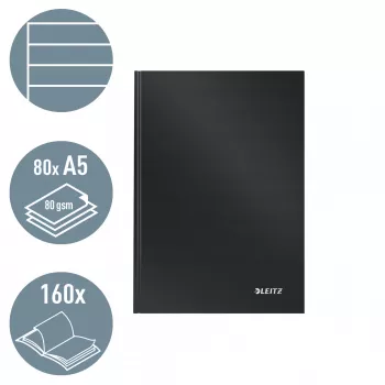 Leitz Notebook Solid Hardcover A5 Ruled 90 gram 80 sheets, Monochromatic, Black, A5, 80 sheets, Glossy, 80 g/m²