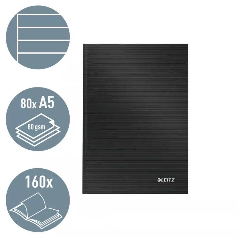 Leitz Notebook Solid Hardcover A5 Ruled 90 gram 80 sheets, Monochromatic, Black, A5, 80 sheets, Glossy, 80 g/m²