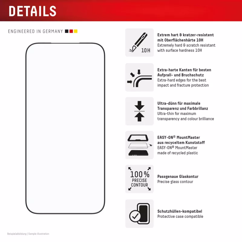 Screen protector e.v.i. Displex Premium for iPhone 17 Pro Max with Mount Master (scratch- and dirt-resistant, transparent/black)