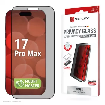 Privacy Tempered Glass Screen Protector e.v.i. Displex (10H) for Apple iPhone 17 Pro Max, Privacy Filter