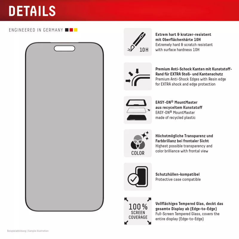 Privacy Tempered Glass Screen Protector e.v.i. Displex (10H) for Apple iPhone 17 Pro Max, Privacy Filter