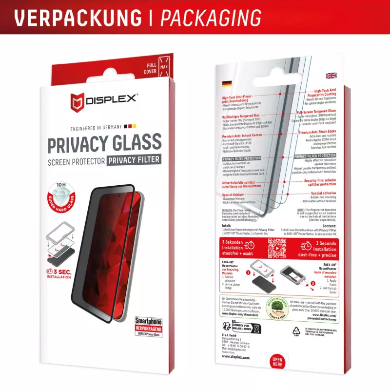 Privacy Tempered Glass Screen Protector e.v.i. Displex (10H) for Apple iPhone 17 Pro Max, Privacy Filter