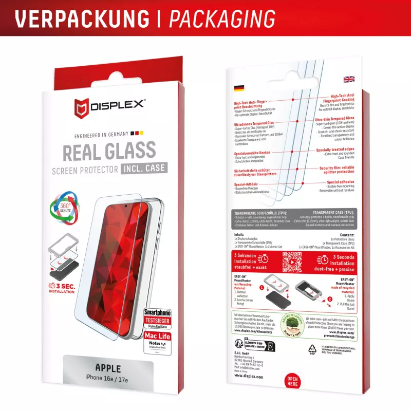 Screen Protector and Case e.v.i. Displex for Apple iPhone 16e/17e, tempered glass, transparent, scratch-resistant