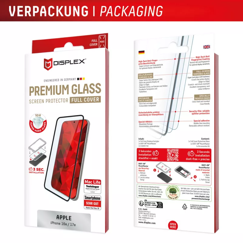 Tempered Glass Screen Protector e.v.i. Displex Premium (Full Cover, 10H) for Apple iPhone 16e/17e