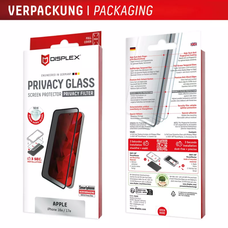 Privacy Tempered Glass Screen Protector e.v.i. Displex (10H) for Apple iPhone 16e/17e with Privacy Filter, Impact and Scratch Resistant