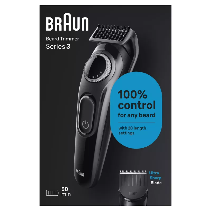 Braun BeardTrimmer 3 Beard Trm 3 BT3400, Washable, Battery, Black