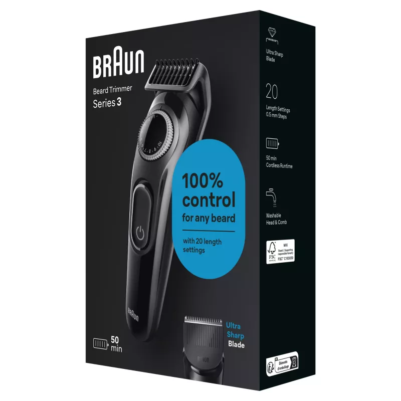 Braun BeardTrimmer 3 Beard Trm 3 BT3400, Washable, Battery, Black
