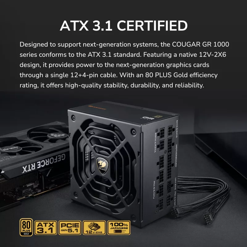 Power Supply COUGAR GR 1000W ATX3.1 PCIE 5.1 80 PLUS Gold, 1000 W, 20+4 pin ATX, 120 mm fan