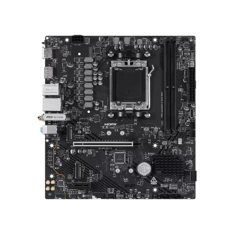 Motherboard MSI Pro A620AM-G EVO WIFI — AMD A620A chipset, Socket AM5, micro ATX, DDR5, 2 memory slots, Wi‑Fi 6E, 2.5Gb Ethernet