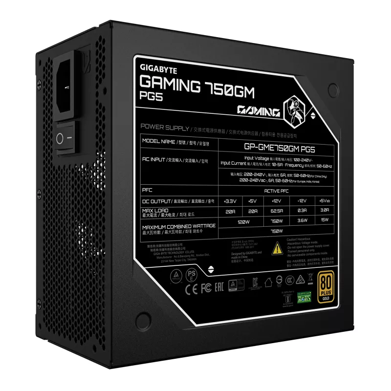 GIGABYTE GAMING 750GM PG5 Power Supply Unit - PCIe 5.1, 80 PLUS Gold, Fully Modular Design, 135mm Fan, ATX 3.1 compatible, EU Plug
