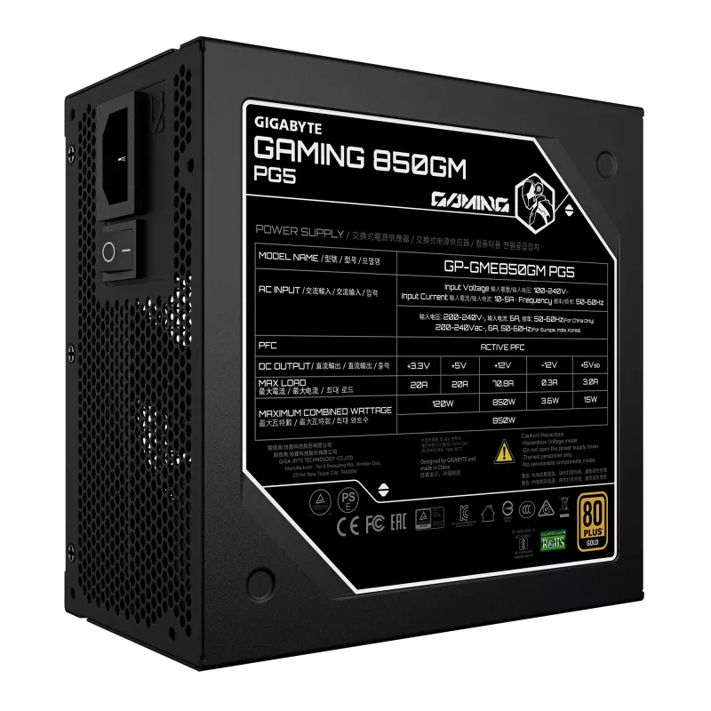 GIGABYTE GAMING 850GM PG5 Power Supply Unit - PCIe 5.1, 80 PLUS Gold, Fully Modular Design, 135mm Fan, ATX 3.1 compatible, EU Plug