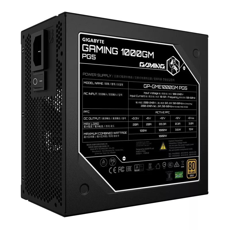 GIGABYTE GAMING 1000GM PG5 Power Supply Unit - PCIe 5.1, 80 PLUS Gold, Fully Modular Design, 135mm Fan, ATX 3.1 compatible, EU Plug