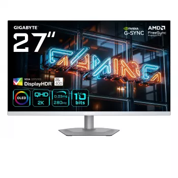 GIGABYTE MO27Q2A ICE 27 inch QD‑OLED Gaming Monitor — 2560×1440, 280Hz, 0.03ms, 250 cd/m², HDMI 2.1, DisplayPort 1.4