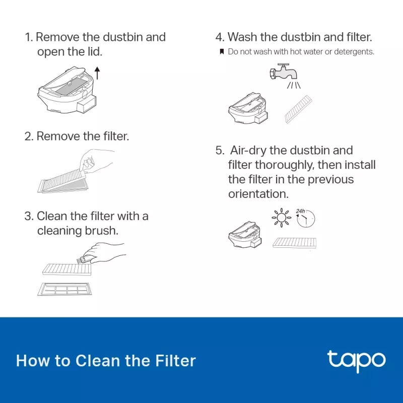 Accessory kit for TP-Link Tapo RVA100 robot vacuum — 2 washable HEPA filters, main brush, 2 side brushes (black/white)