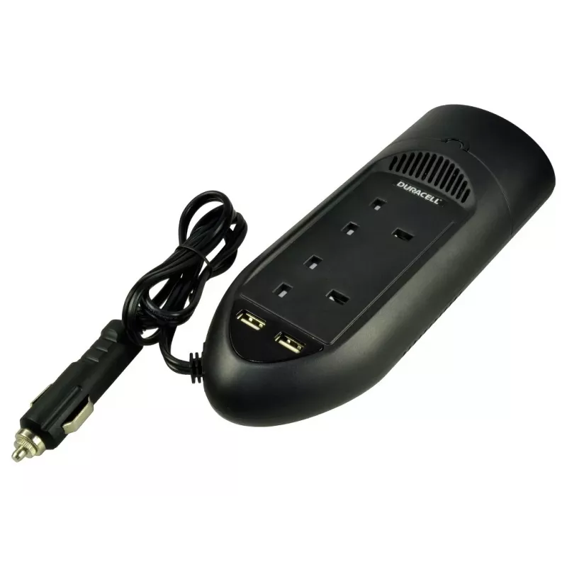 Duracell 175W Twin UK Socket Inverter, Universal, Auto, 12 V, 175 W, 12 V, DC-to-AC
