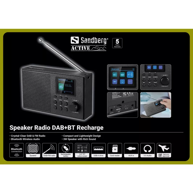 Sandberg Speaker Radio DAB+BT Recharge, Portable, Analog & digital, DAB+, FM, 87.5 - 108 MHz, 174 - 240 MHz, 3 W