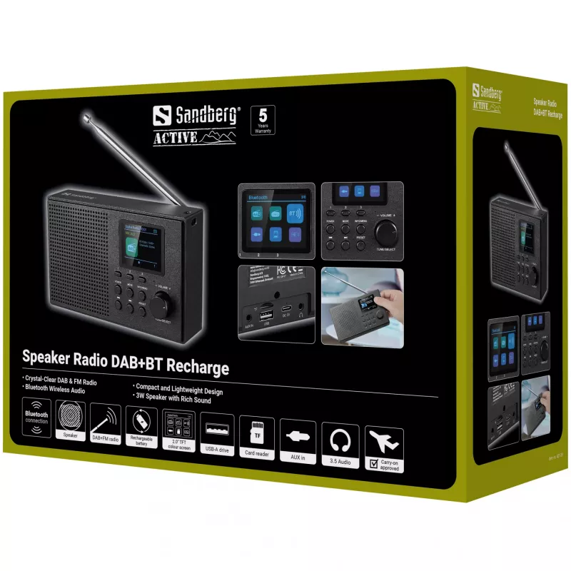 Sandberg Speaker Radio DAB+BT Recharge, Portable, Analog & digital, DAB+, FM, 87.5 - 108 MHz, 174 - 240 MHz, 3 W