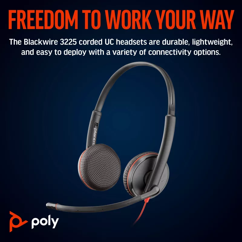HP Poly Blackwire 3225 Stereo USB-C Headset +3.5mm Plug +USB-C/A Adapter (Bulk)