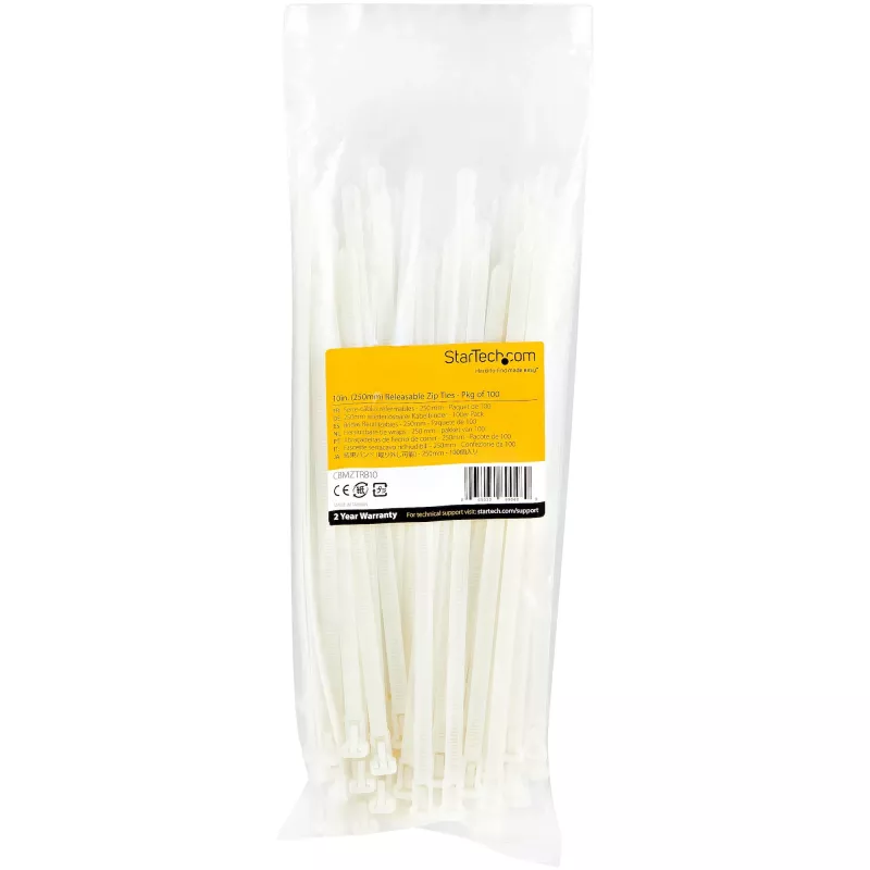 StarTech.com 10 inch(25cm) Reusable Cable Ties - 1/4 inch(7mm) wide, 2-1/2 inch(65mm) Bundle Dia. 50lb(22kg) Tensile Strength, Releasable Nylon Ties, Indoor/Outdoor, 94V-2/UL Listed, 100 Pack - White