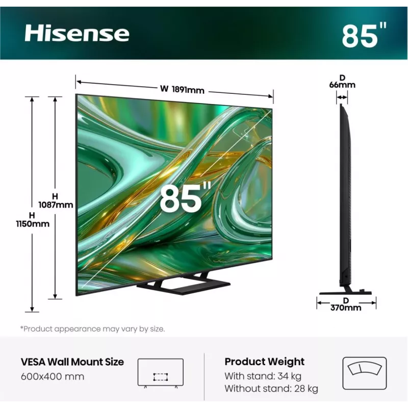 Hisense 85E8S 85 inch ULED 4K Mini LED Smart TV, 3840×2160, 400 cd/m², Wi‑Fi, HomeOS (Grey)
