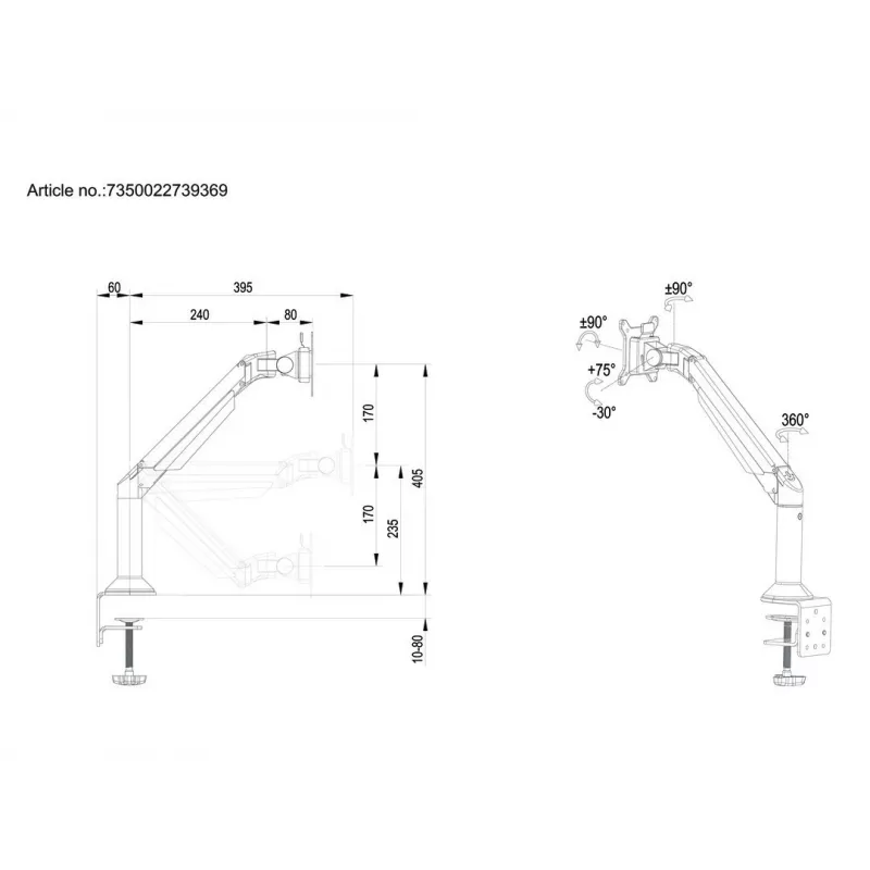 Multibrackets M VESA Gas Lift Arm Desk or Wall Basic Black Clamp/Bolt-through 10 kg