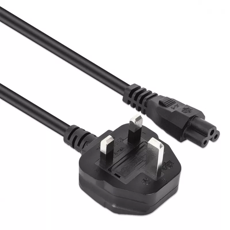 Manhattan Mains Power Cord/Cable, UK 3-pin plug to C5 Female (cloverleaf/triangular), 1.8m, 16A, Lead, Lifetime Warranty