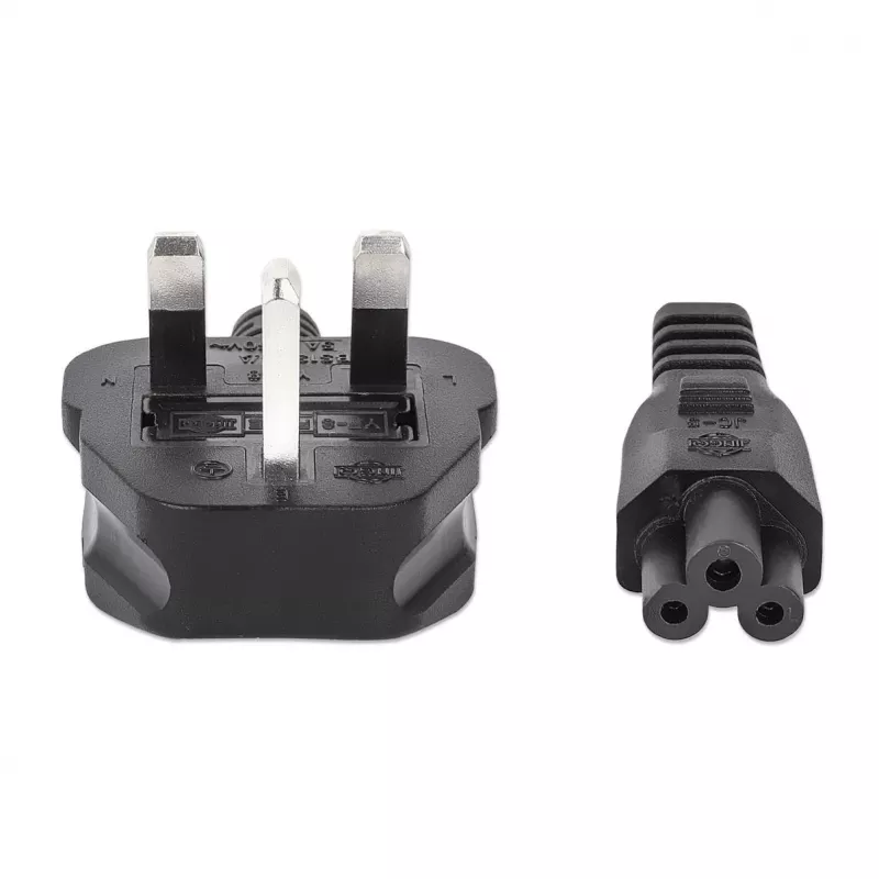 Manhattan Mains Power Cord/Cable, UK 3-pin plug to C5 Female (cloverleaf/triangular), 1.8m, 16A, Lead, Lifetime Warranty
