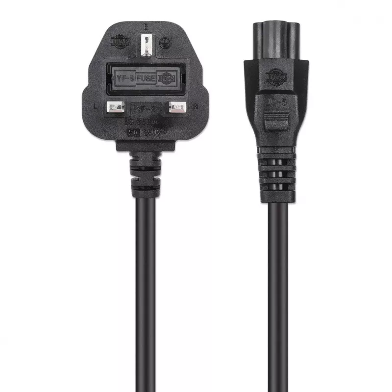 Manhattan Mains Power Cord/Cable, UK 3-pin plug to C5 Female (cloverleaf/triangular), 1.8m, 16A, Lead, Lifetime Warranty