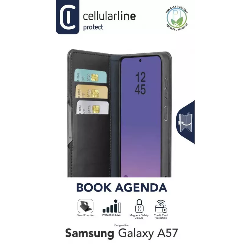 Cellularline Book Agenda 2 - Galaxy A57 Book-style faux leather case with magnetic closure, stand function, and RFID/NFC protection for contactless cards.