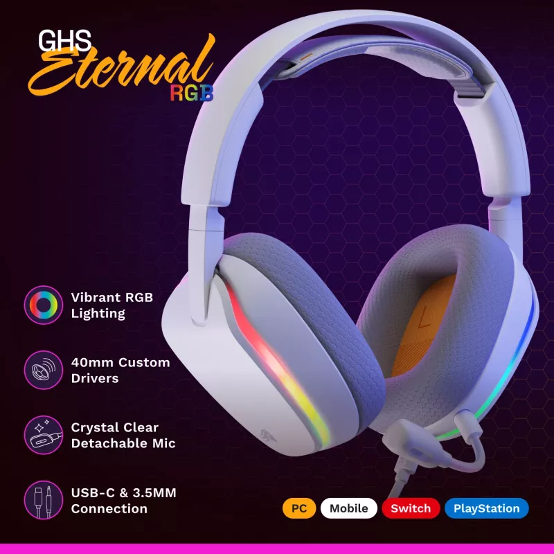 Glorious Gaming Glorious GHS Eternal RGB - Stereo RGB Gaming Headset for PC, PS5, PS4, Switch - Custom Tuned Angled Drivers, Adjustable Crystal Clear Detachable Mic, USB-C - Durable, All Day/Night Comfort - White