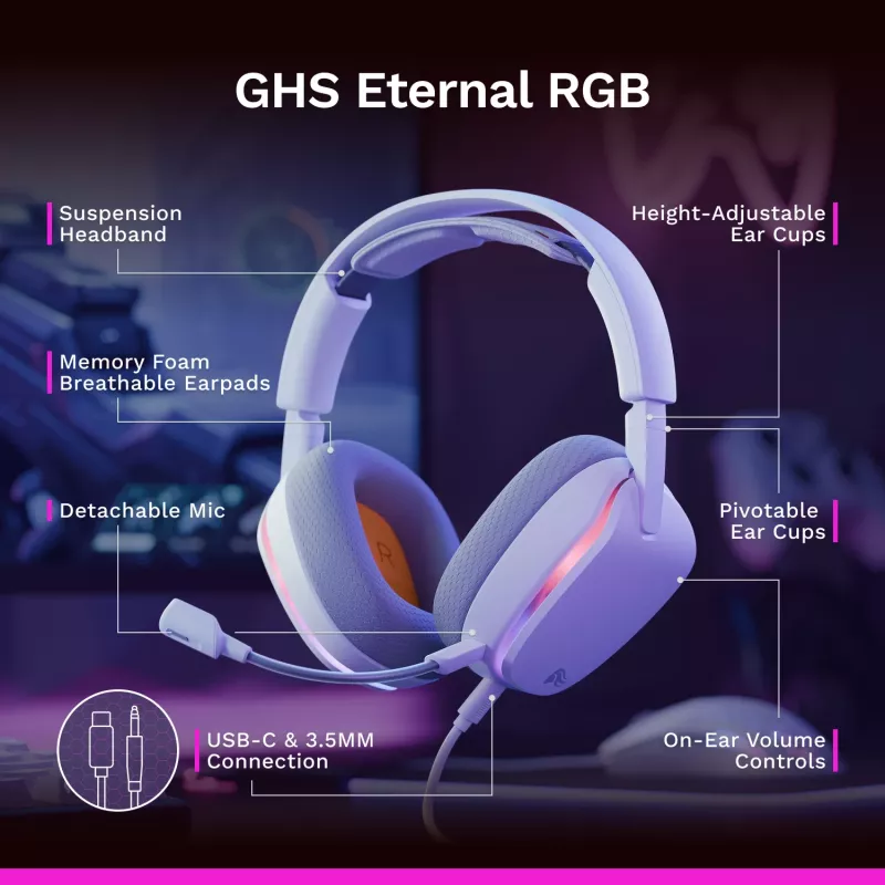 Glorious Gaming Glorious GHS Eternal RGB - Stereo RGB Gaming Headset for PC, PS5, PS4, Switch - Custom Tuned Angled Drivers, Adjustable Crystal Clear Detachable Mic, USB-C - Durable, All Day/Night Comfort - White