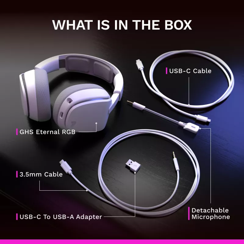 Glorious Gaming Glorious GHS Eternal RGB - Stereo RGB Gaming Headset for PC, PS5, PS4, Switch - Custom Tuned Angled Drivers, Adjustable Crystal Clear Detachable Mic, USB-C - Durable, All Day/Night Comfort - White