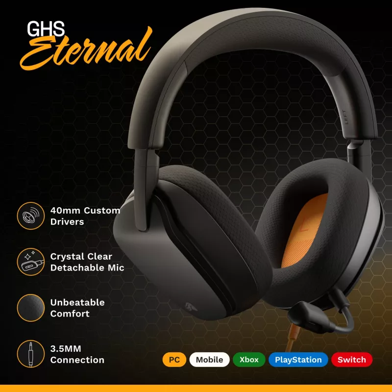 Glorious Gaming Glorious GHS Eternal - Stereo Gaming Headset for PC, PS5, PS4, Xbox, Switch - Custom Tuned Angled Drivers, Adjustable Crystal Clear Detachable Mic, 3.5mm - Durable, All Day/Night Comfort - Black