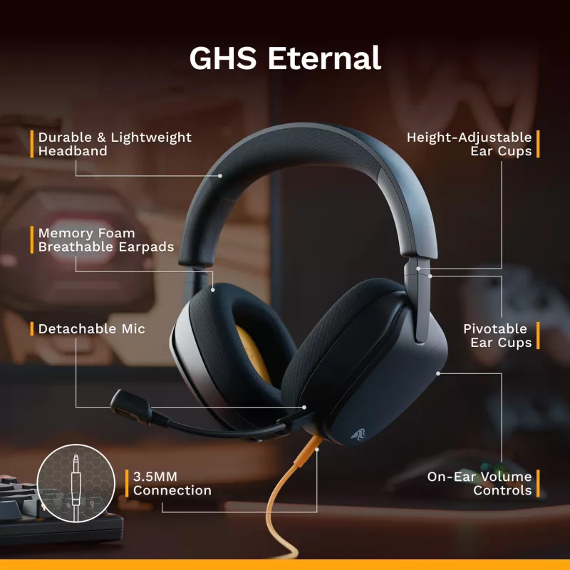 Glorious Gaming Glorious GHS Eternal - Stereo Gaming Headset for PC, PS5, PS4, Xbox, Switch - Custom Tuned Angled Drivers, Adjustable Crystal Clear Detachable Mic, 3.5mm - Durable, All Day/Night Comfort - Black