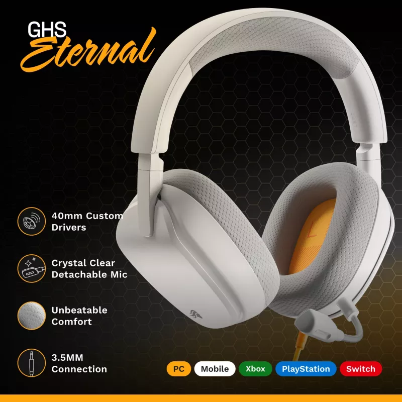 Glorious Gaming Glorious GHS Eternal - Stereo Gaming Headset for PC, PS5, PS4, Xbox, Switch - Custom Tuned Angled Drivers, Adjustable Crystal Clear Detachable Mic, 3.5mm - Durable, All Day/Night Comfort - White