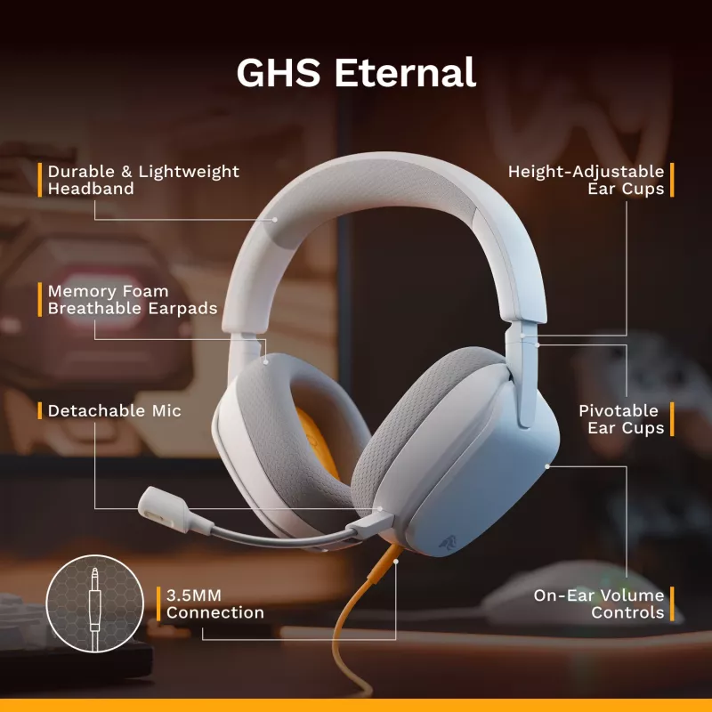Glorious Gaming Glorious GHS Eternal - Stereo Gaming Headset for PC, PS5, PS4, Xbox, Switch - Custom Tuned Angled Drivers, Adjustable Crystal Clear Detachable Mic, 3.5mm - Durable, All Day/Night Comfort - White
