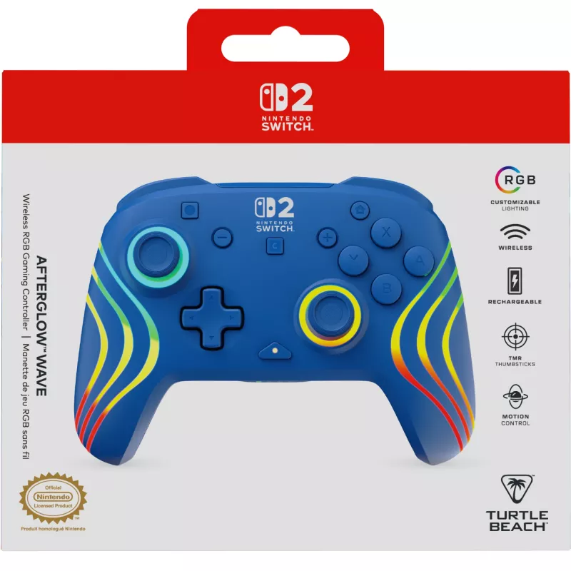 Wired & Wireless Gamepad Turtle Beach Afterglow Wave Blue for Nintendo Switch 2 — Bluetooth/USB-C, RGB, Built-in 20h Battery, 3 m Cable