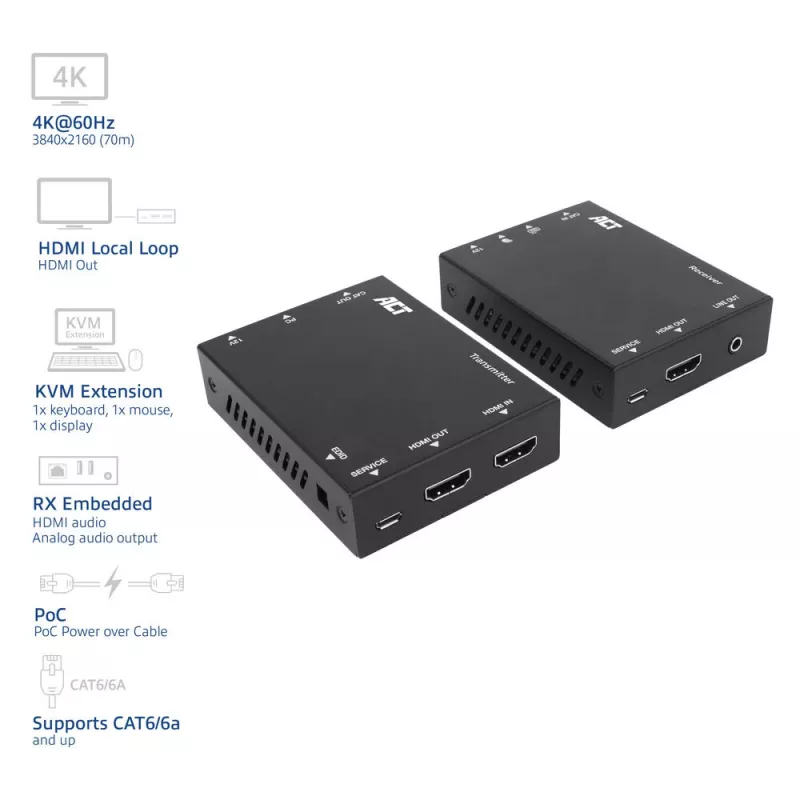ACT 4K HDMI 2.0 KVM extender set over CAT6A up to 70 meters
