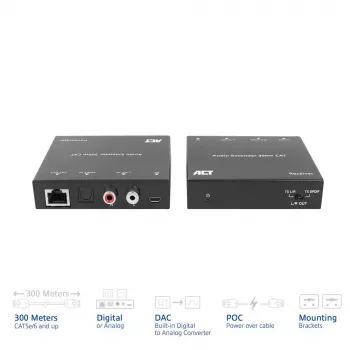 Audio extender set ACT AC7710 — digital/analog over Cat5e/Cat6 with DAC, TOSLINK I/O, up to 300 m, 5V USB-powered
