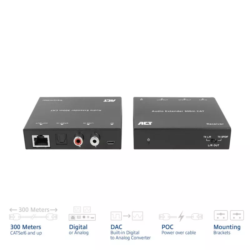 Audio extender set ACT AC7710 — digital/analog over Cat5e/Cat6 with DAC, TOSLINK I/O, up to 300 m, 5V USB-powered
