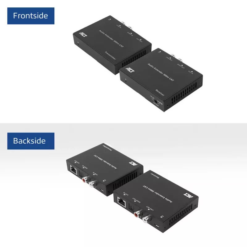 Audio extender set ACT AC7710 — digital/analog over Cat5e/Cat6 with DAC, TOSLINK I/O, up to 300 m, 5V USB-powered