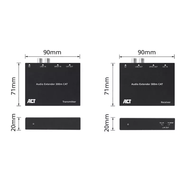 Audio extender set ACT AC7710 — digital/analog over Cat5e/Cat6 with DAC, TOSLINK I/O, up to 300 m, 5V USB-powered