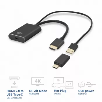 ACT HDMI to USB Type-C female adapter, 4K@60Hz. Cable length: 0.25 m, Connector 1: USB Type-C, Connector 2: HDMI + USB. Quantity per pack: 1 pc(s)
